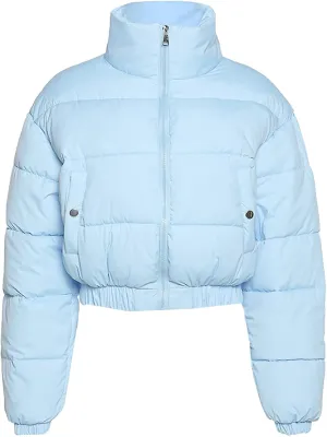 PEHMEA Womens Cropped Puffer Jacket Winter Zip Up Padded Down Coats(02 Blue, Medium)