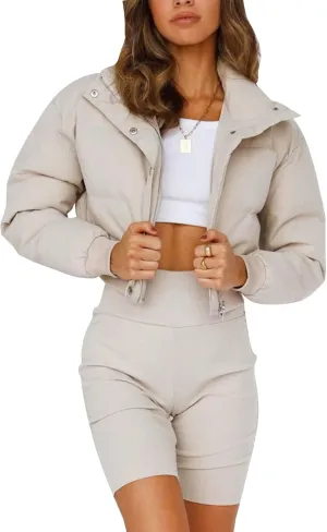 PEHMEA Women's Winter Long Sleeve Zip Puffer Jacket Baggy Short Down Coats(Apricot, X-Small)