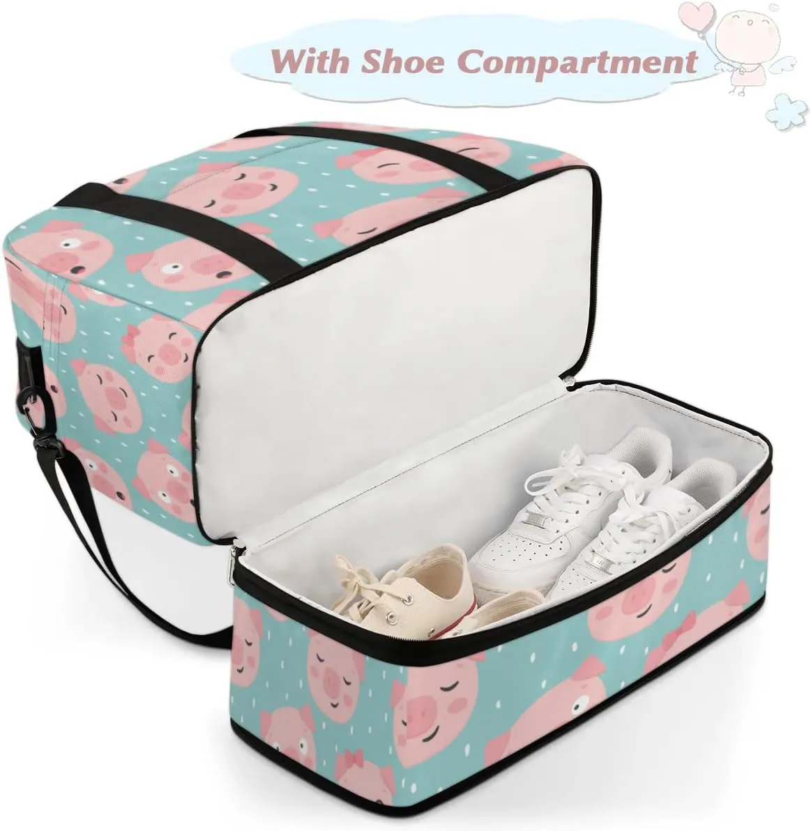 Pig Sports Gym Bag with Shoes Compartment Foldable Travel Duffel Bag Dry Wet Separated Sports Tote Workout Weekender Overnight Bag for Women Yoga Dance Work Training Handbag