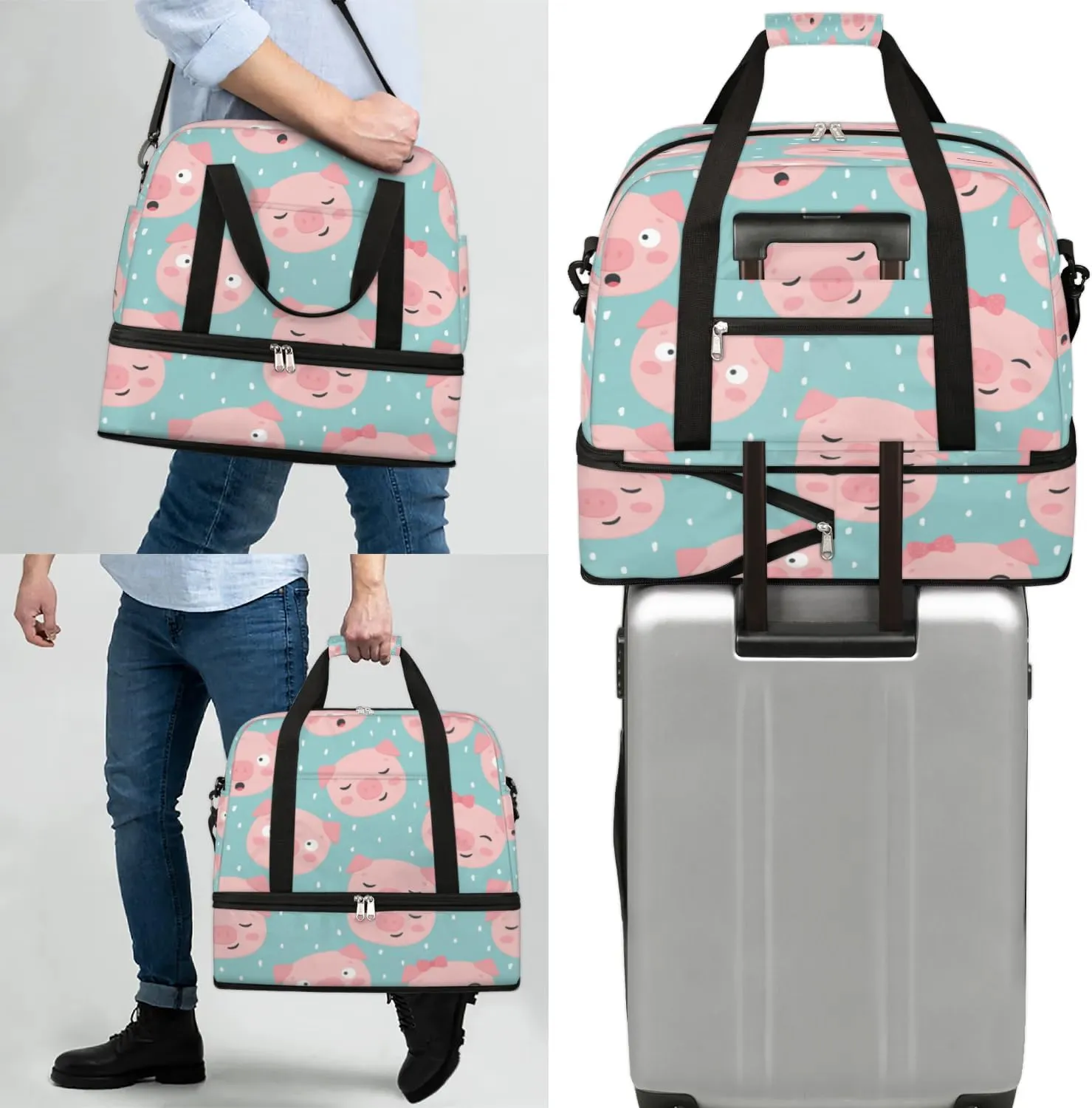 Pig Sports Gym Bag with Shoes Compartment Foldable Travel Duffel Bag Dry Wet Separated Sports Tote Workout Weekender Overnight Bag for Women Yoga Dance Work Training Handbag