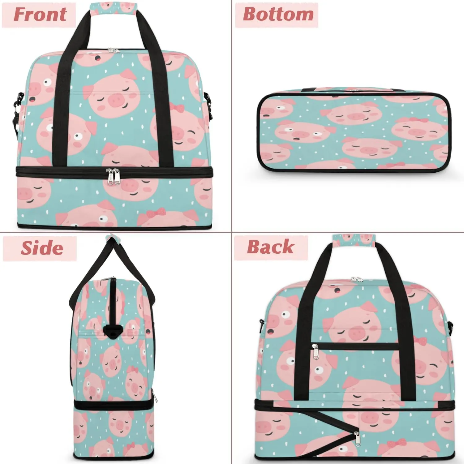 Pig Sports Gym Bag with Shoes Compartment Foldable Travel Duffel Bag Dry Wet Separated Sports Tote Workout Weekender Overnight Bag for Women Yoga Dance Work Training Handbag