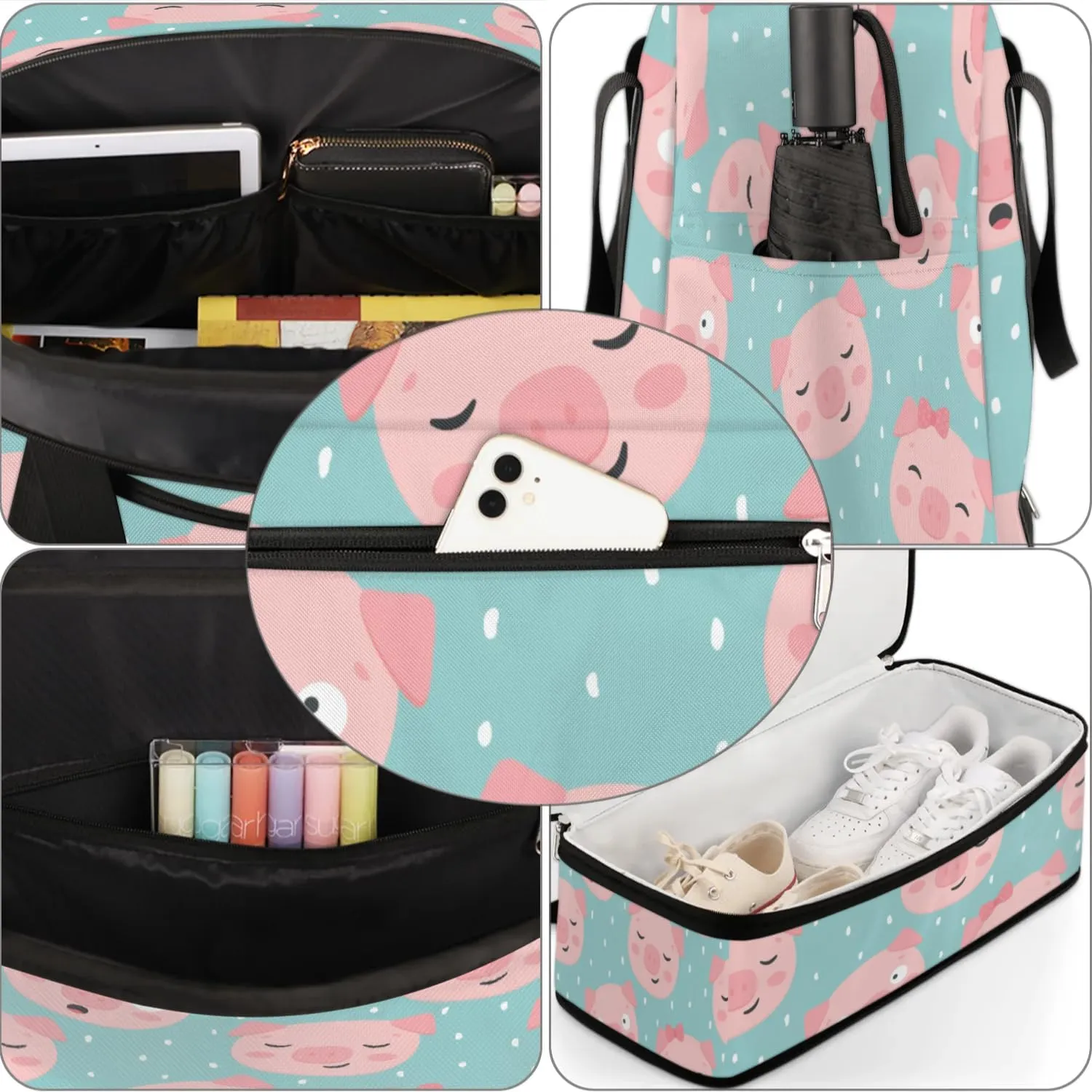 Pig Sports Gym Bag with Shoes Compartment Foldable Travel Duffel Bag Dry Wet Separated Sports Tote Workout Weekender Overnight Bag for Women Yoga Dance Work Training Handbag