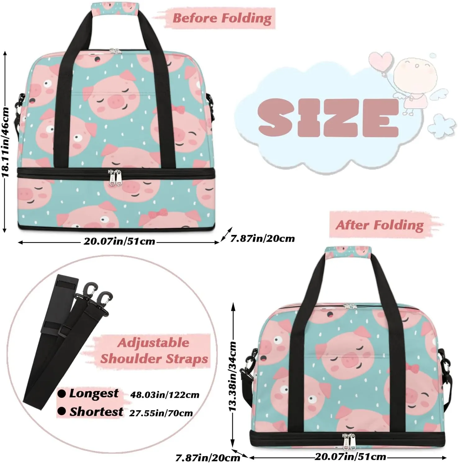 Pig Sports Gym Bag with Shoes Compartment Foldable Travel Duffel Bag Dry Wet Separated Sports Tote Workout Weekender Overnight Bag for Women Yoga Dance Work Training Handbag