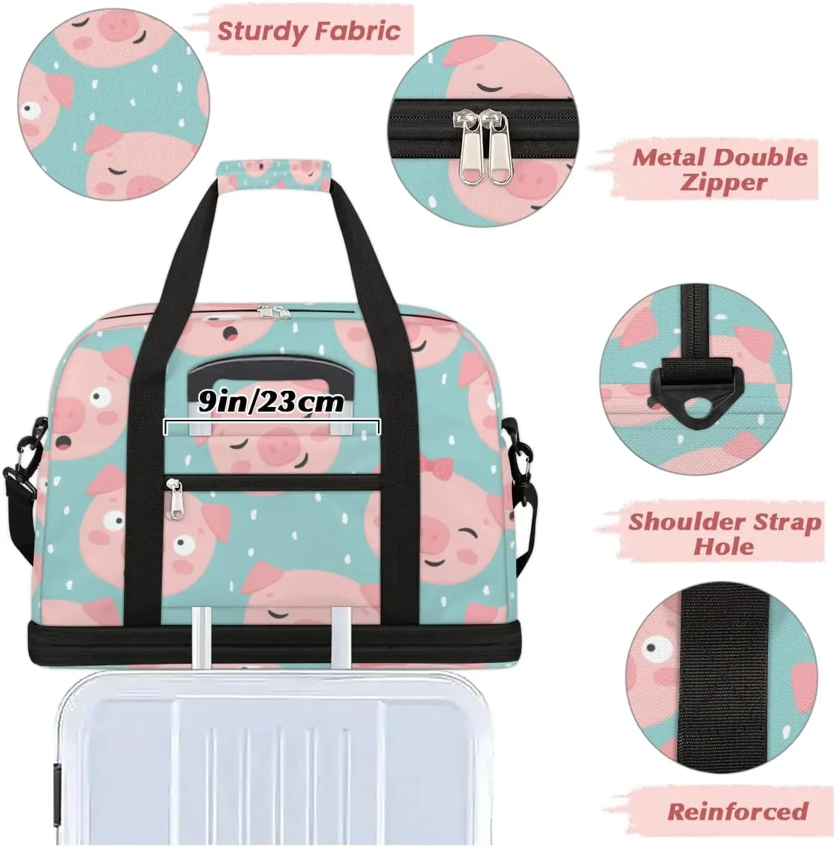 Pig Sports Gym Bag with Shoes Compartment Foldable Travel Duffel Bag Dry Wet Separated Sports Tote Workout Weekender Overnight Bag for Women Yoga Dance Work Training Handbag