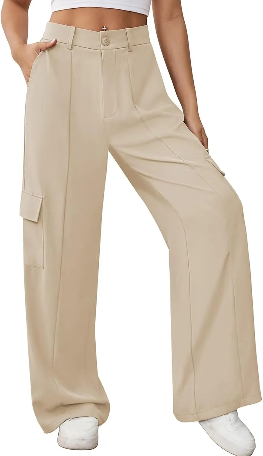 Pink Queen Women High Waisted Wide Leg Cargo Pants Button Down Loose Casual Trendy Work Trousers with 4 Pockets