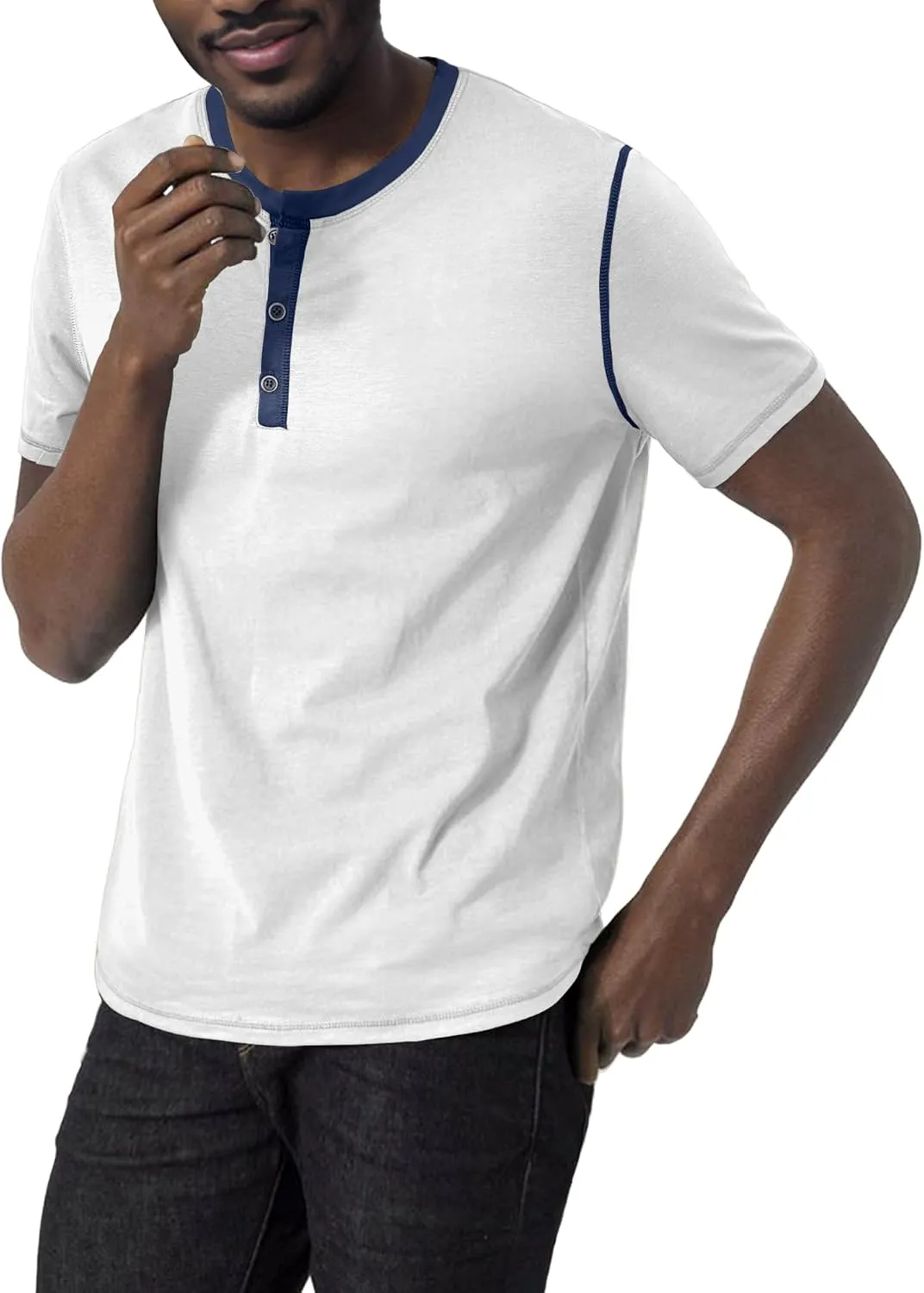 PLEPAN Mens Henley Shirts Crewneck Short Sleeve Casual Cotton T-Shirts with Contrast Color Collar
