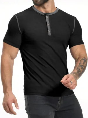 PLEPAN Mens Henley Shirts Crewneck Short Sleeve Casual Cotton T-Shirts with Contrast Color Collar