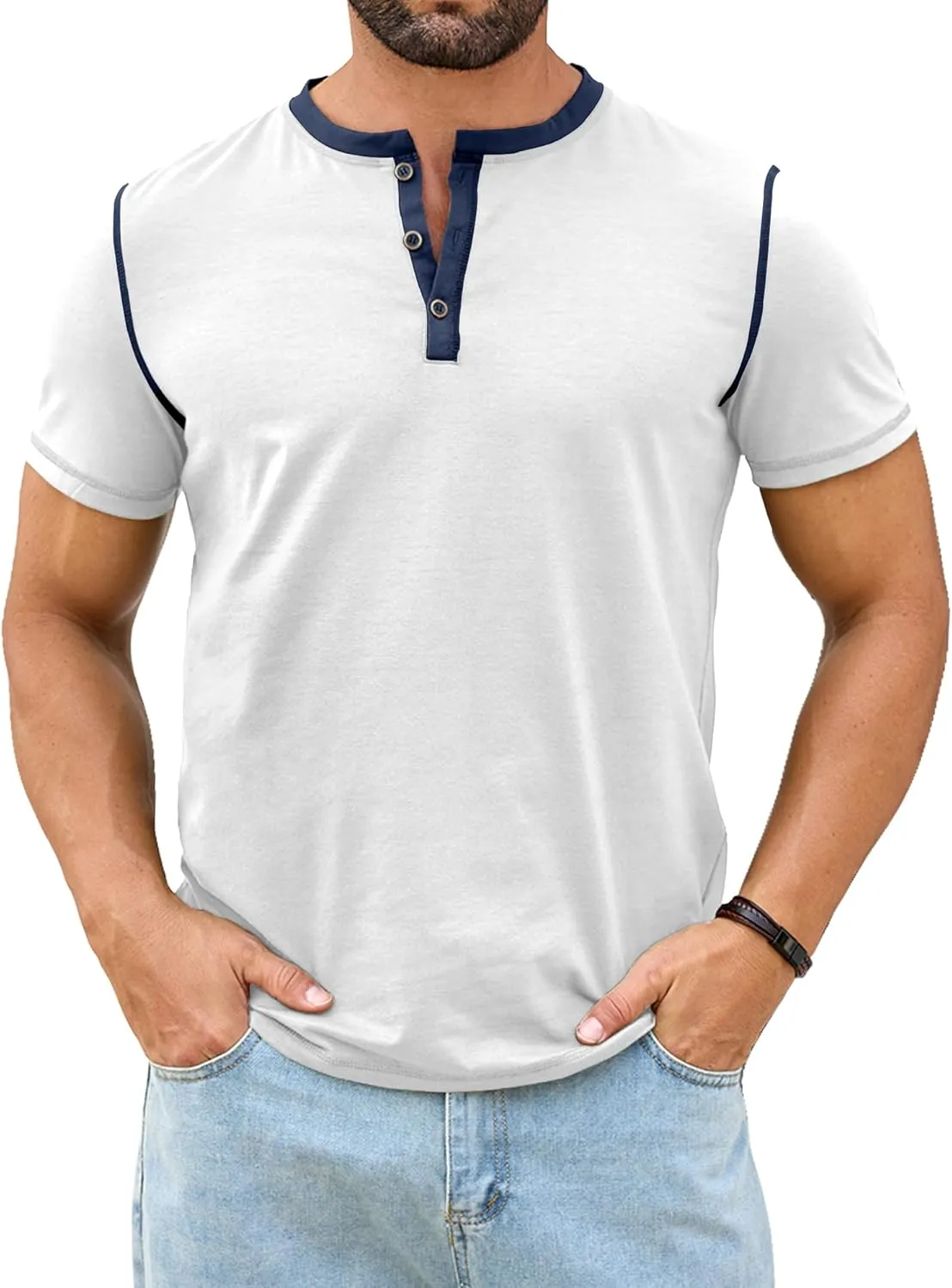 PLEPAN Mens Henley Shirts Crewneck Short Sleeve Casual Cotton T-Shirts with Contrast Color Collar