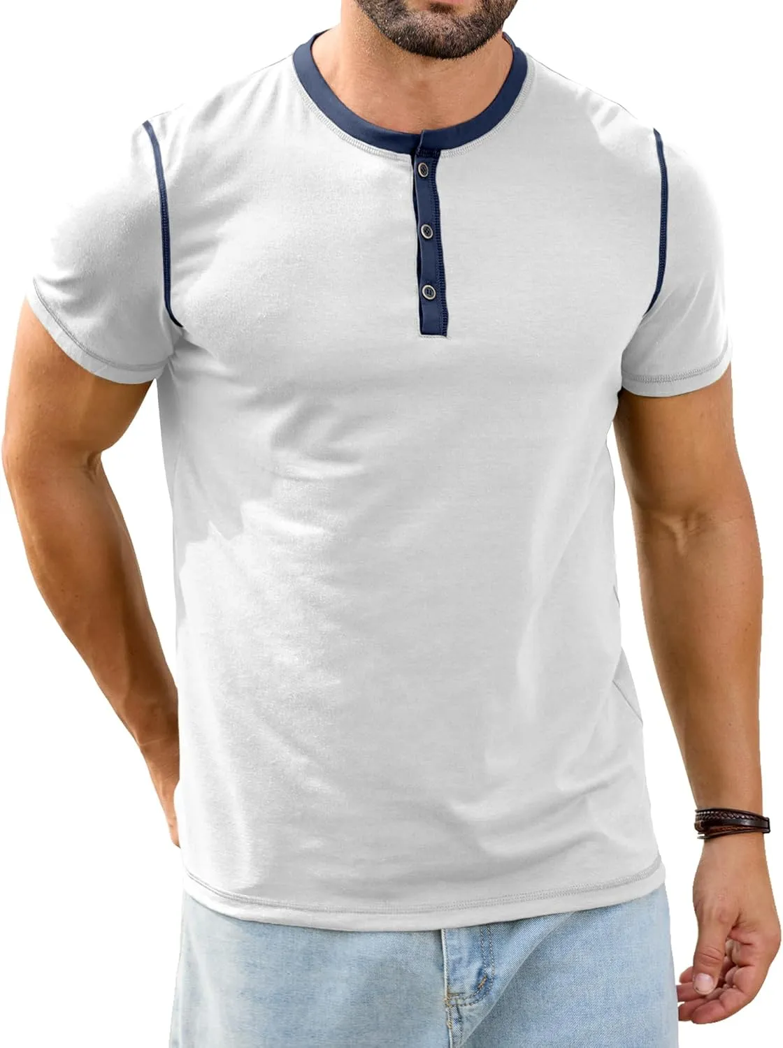 PLEPAN Mens Henley Shirts Crewneck Short Sleeve Casual Cotton T-Shirts with Contrast Color Collar