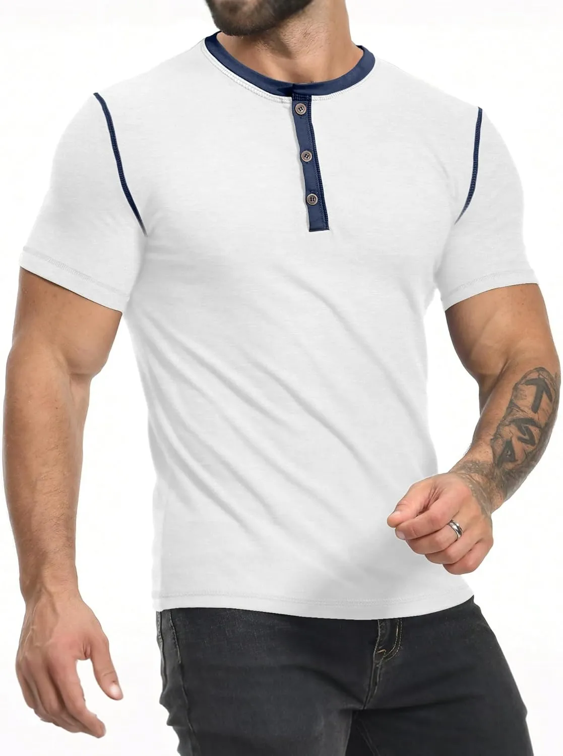 PLEPAN Mens Henley Shirts Crewneck Short Sleeve Casual Cotton T-Shirts with Contrast Color Collar