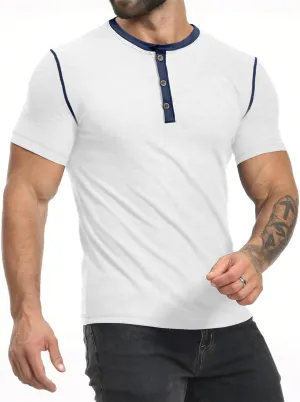 PLEPAN Mens Henley Shirts Crewneck Short Sleeve Casual Cotton T-Shirts with Contrast Color Collar