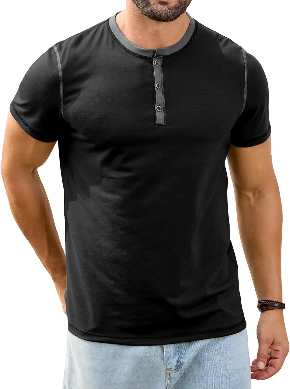 PLEPAN Mens Henley Shirts Crewneck Short Sleeve Casual Cotton T-Shirts with Contrast Color Collar