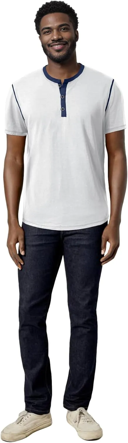 PLEPAN Mens Henley Shirts Crewneck Short Sleeve Casual Cotton T-Shirts with Contrast Color Collar