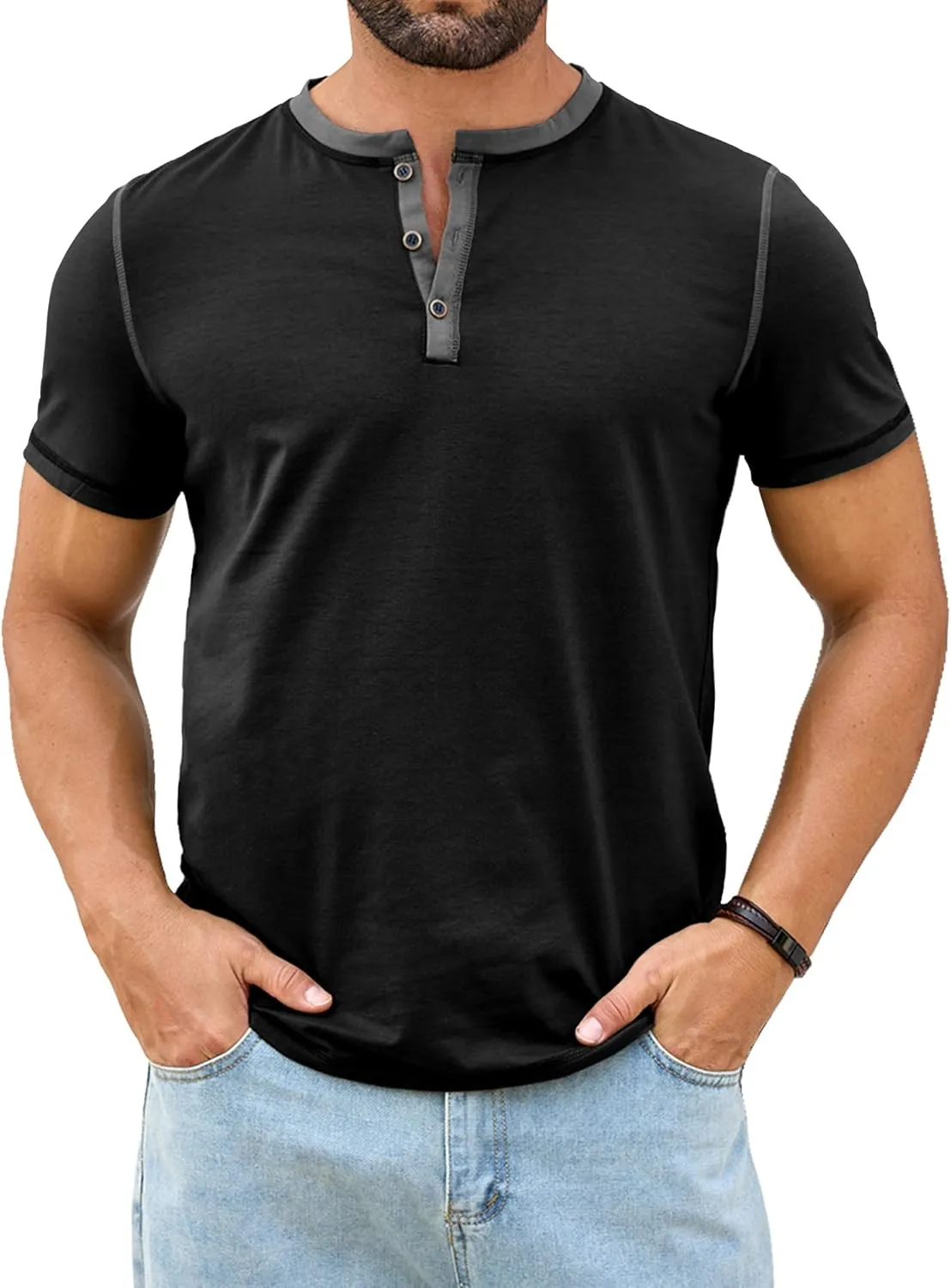 PLEPAN Mens Henley Shirts Crewneck Short Sleeve Casual Cotton T-Shirts with Contrast Color Collar