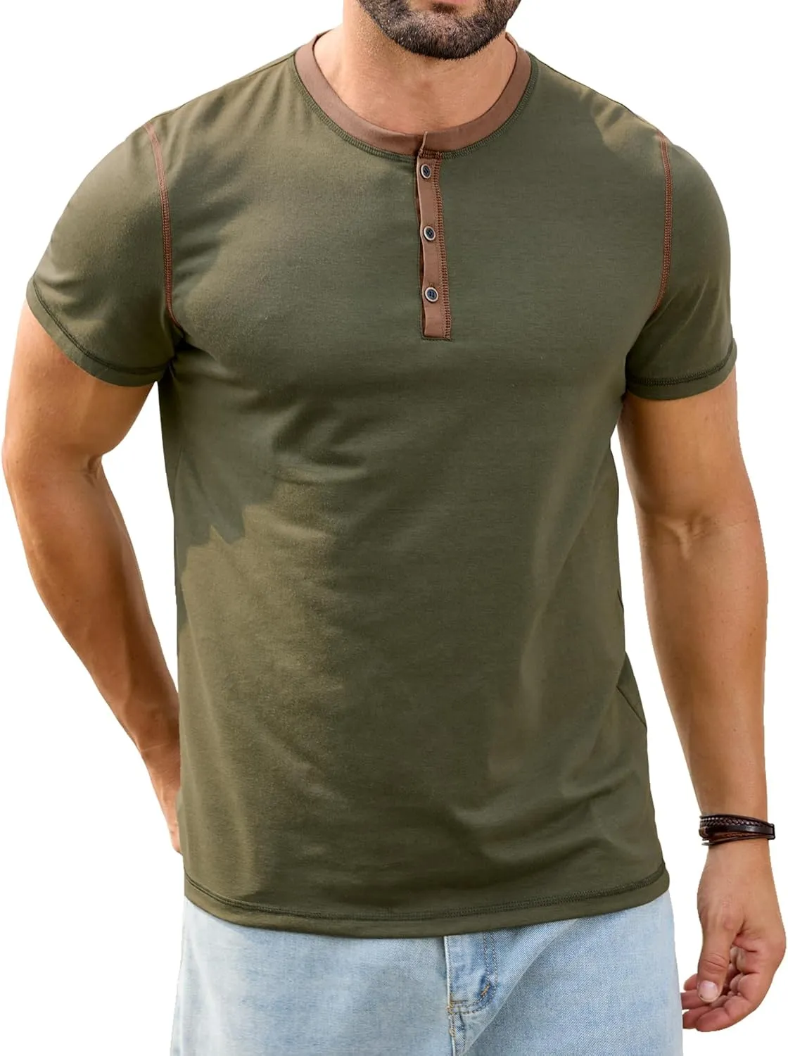 PLEPAN Mens Henley Shirts Crewneck Short Sleeve Casual Cotton T-Shirts with Contrast Color Collar