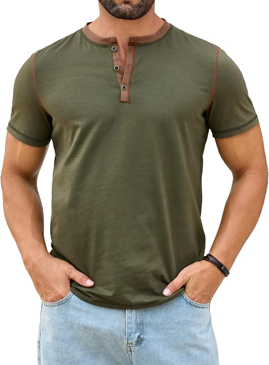 PLEPAN Mens Henley Shirts Crewneck Short Sleeve Casual Cotton T-Shirts with Contrast Color Collar