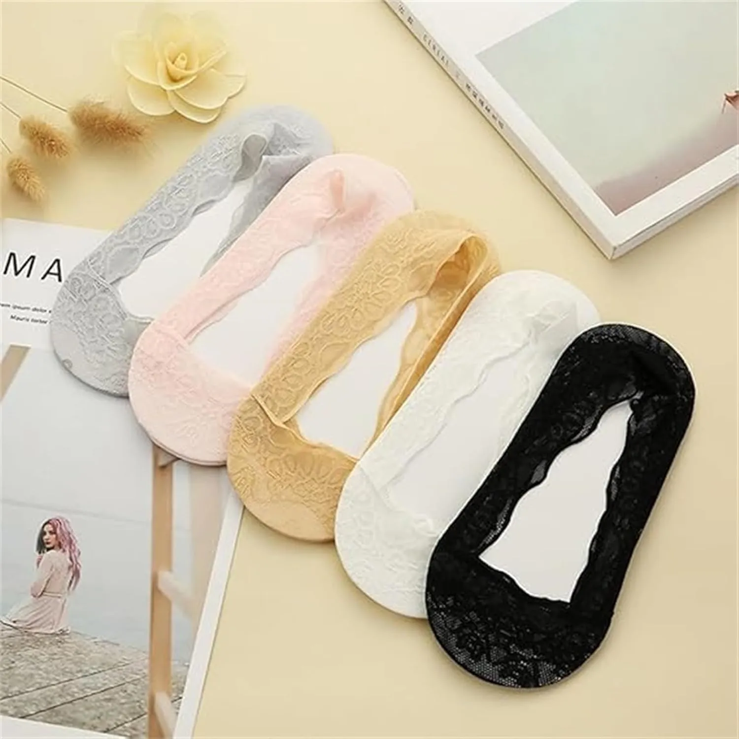 Pleteffect Socks, Pleteffect No Show Lace Socks, Ultra Thin Breathable Non Slip Low Cut Liner No Show for Women, Free Size