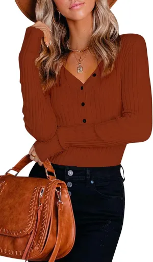 PRETTYGARDEN Long Sleeve Henley Shirts for Women - Button V Neck Basic Slim Fitted Ribbed Knit Tunic Sweater Tops