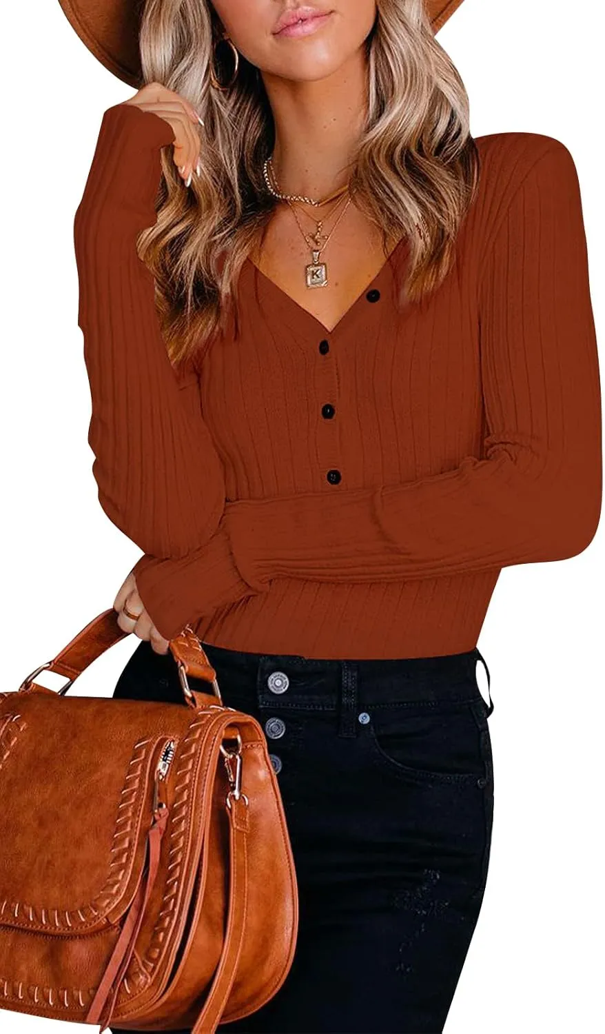 PRETTYGARDEN Long Sleeve Henley Shirts for Women - Button V Neck Basic Slim Fitted Ribbed Knit Tunic Sweater Tops