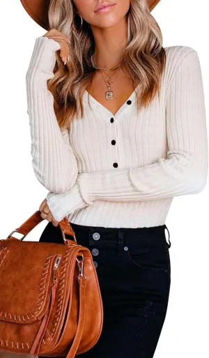 PRETTYGARDEN Long Sleeve Henley Shirts for Women - Button V Neck Basic Slim Fitted Ribbed Knit Tunic Sweater Tops