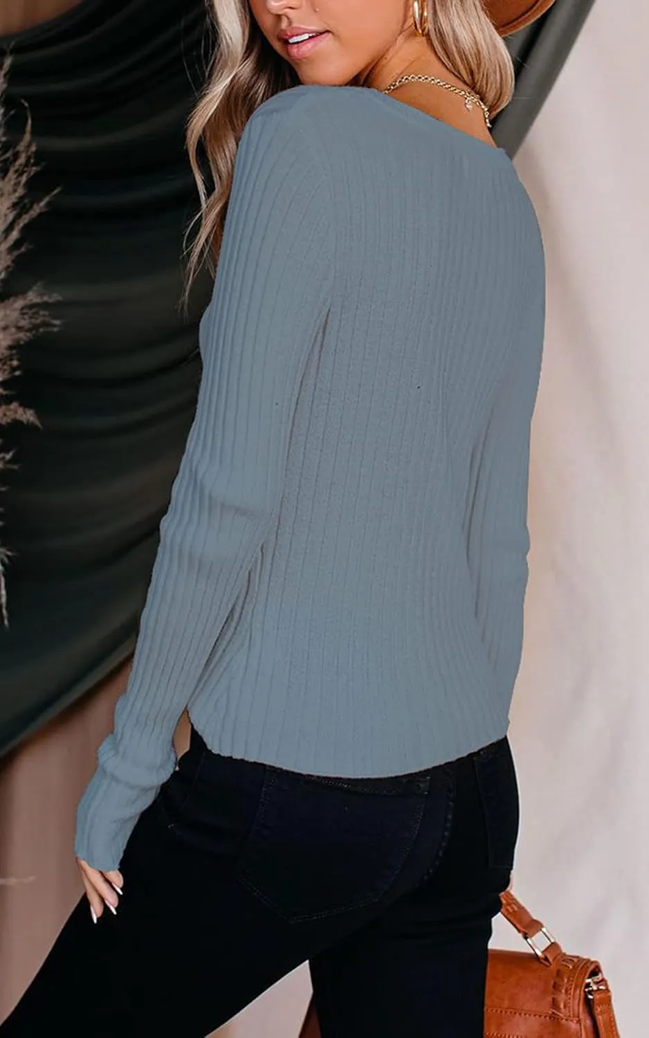 PRETTYGARDEN Long Sleeve Henley Shirts for Women - Button V Neck Basic Slim Fitted Ribbed Knit Tunic Sweater Tops