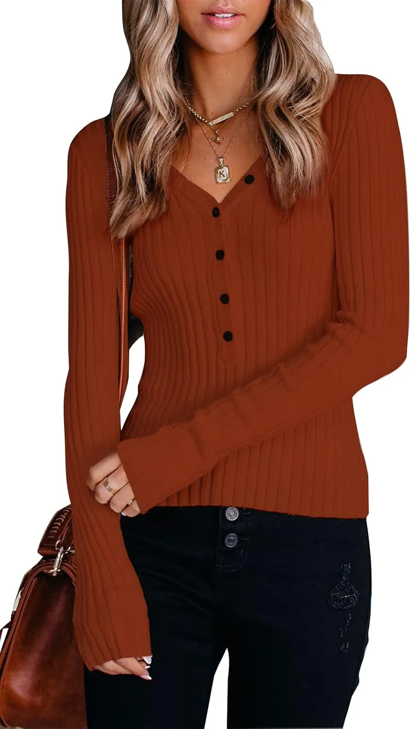 PRETTYGARDEN Long Sleeve Henley Shirts for Women - Button V Neck Basic Slim Fitted Ribbed Knit Tunic Sweater Tops