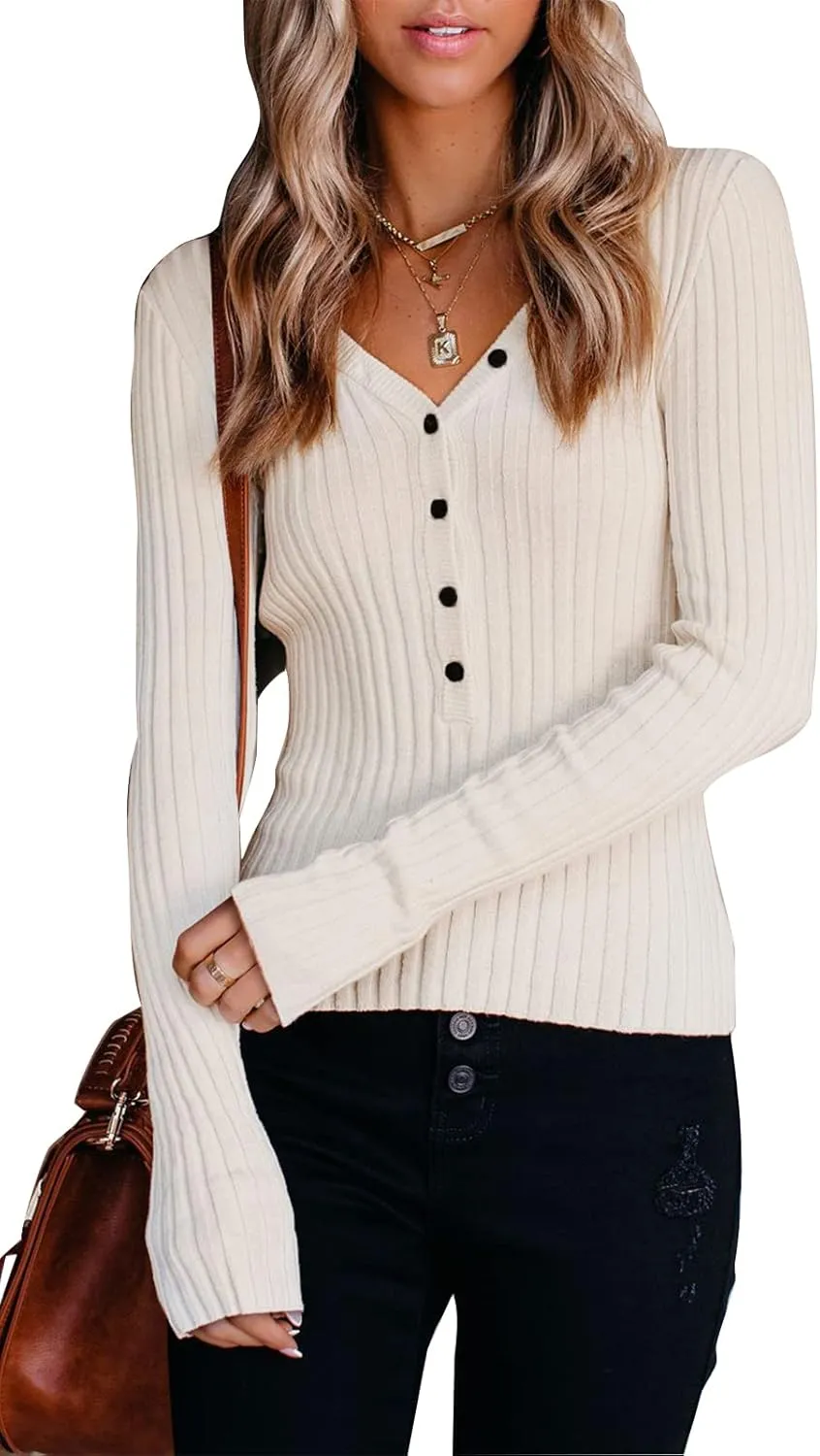PRETTYGARDEN Long Sleeve Henley Shirts for Women - Button V Neck Basic Slim Fitted Ribbed Knit Tunic Sweater Tops
