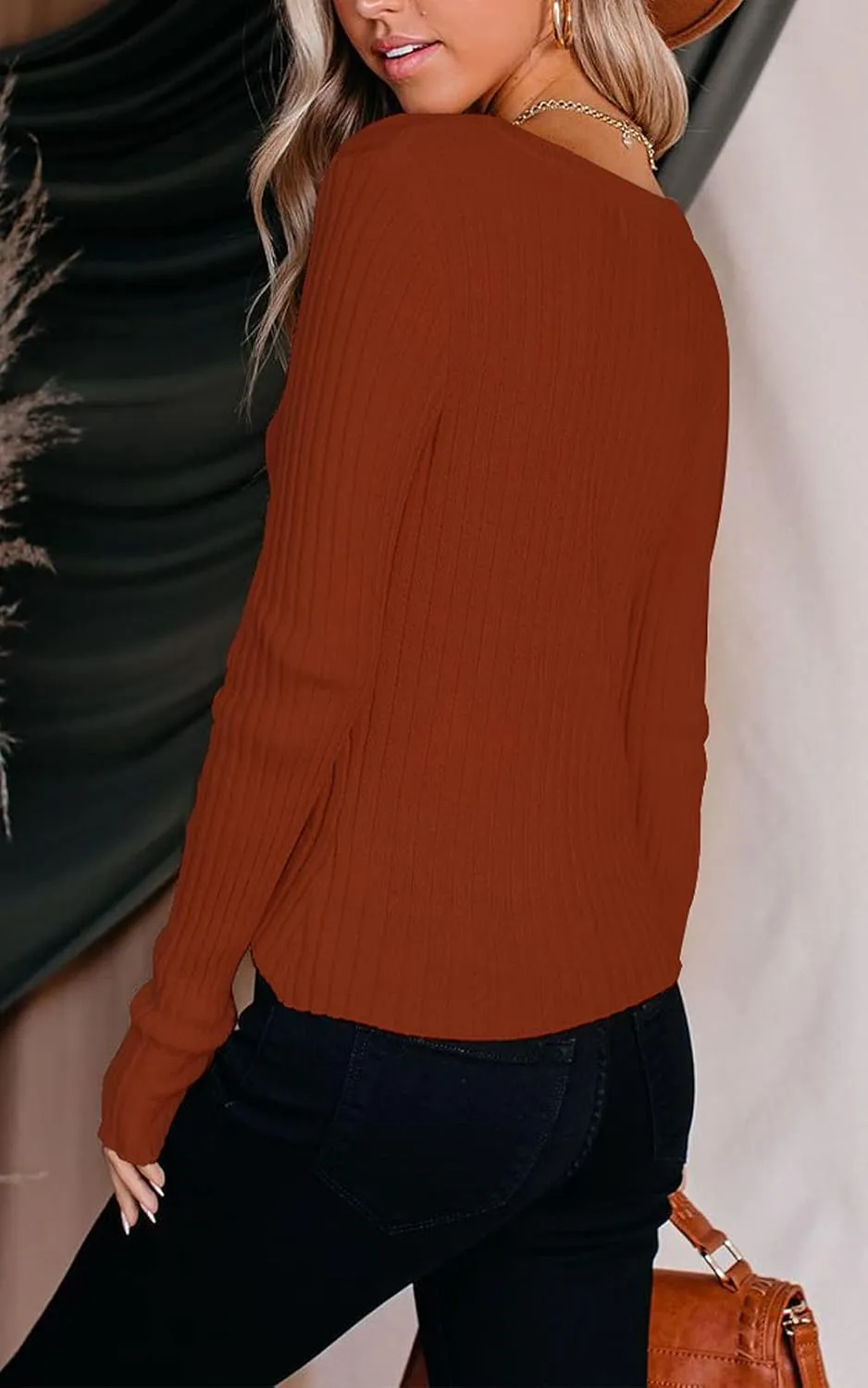 PRETTYGARDEN Long Sleeve Henley Shirts for Women - Button V Neck Basic Slim Fitted Ribbed Knit Tunic Sweater Tops