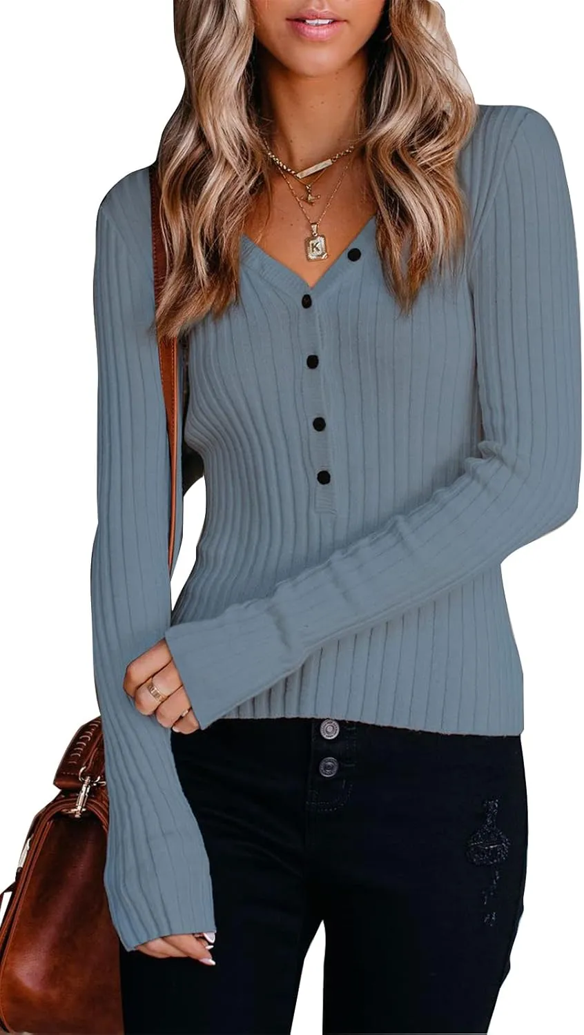 PRETTYGARDEN Long Sleeve Henley Shirts for Women - Button V Neck Basic Slim Fitted Ribbed Knit Tunic Sweater Tops