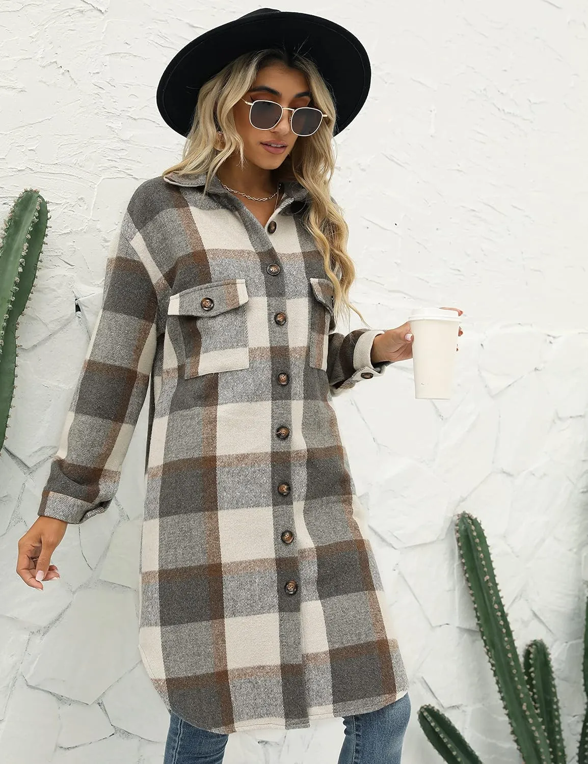 PUWEI Women's Long Flannel Plaid Jacket Shacket Cozy Lapel Button Down Shirt Jacket Fuzzy Trench Coat