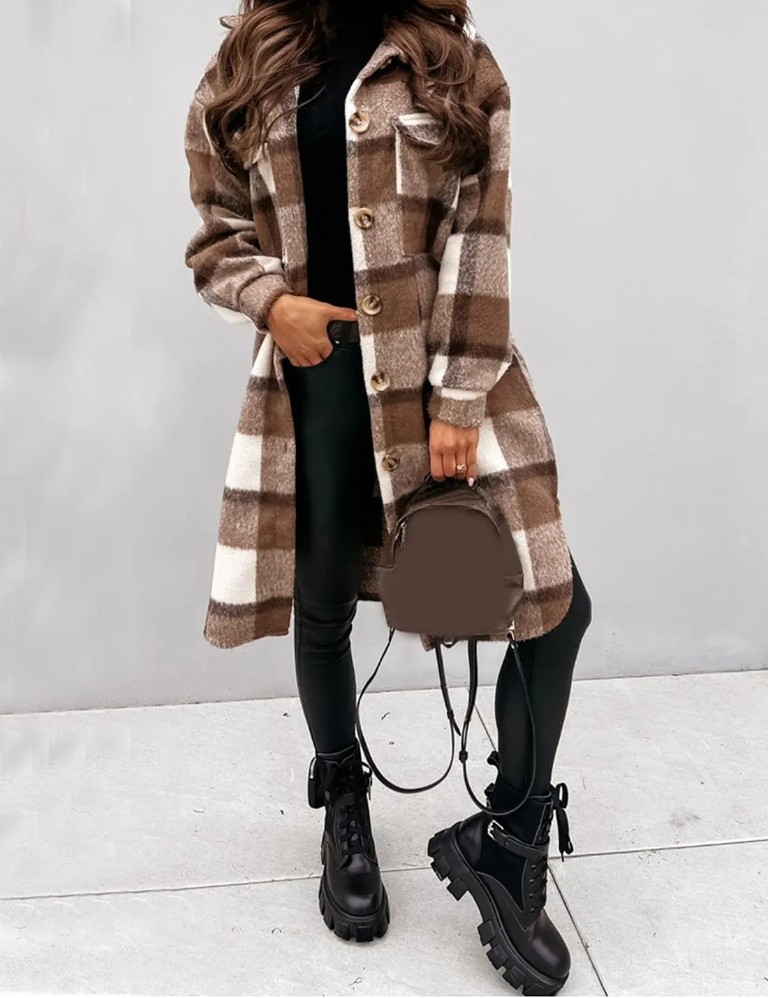 PUWEI Women's Long Flannel Plaid Jacket Shacket Cozy Lapel Button Down Shirt Jacket Fuzzy Trench Coat
