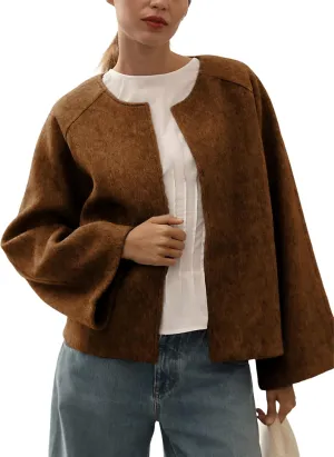 Qiaomai Womens Cropped Pea Coat Long Sleeve Open Front Winter Wool Blend Jackets Overcoat
