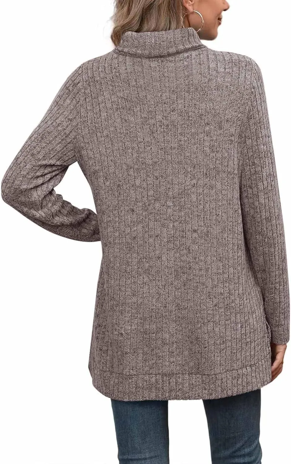 Raboolion Women's High Neck Ribbed Pullover Elegant Oversized Turtleneck Side Split Tunic Tops Sweaters
