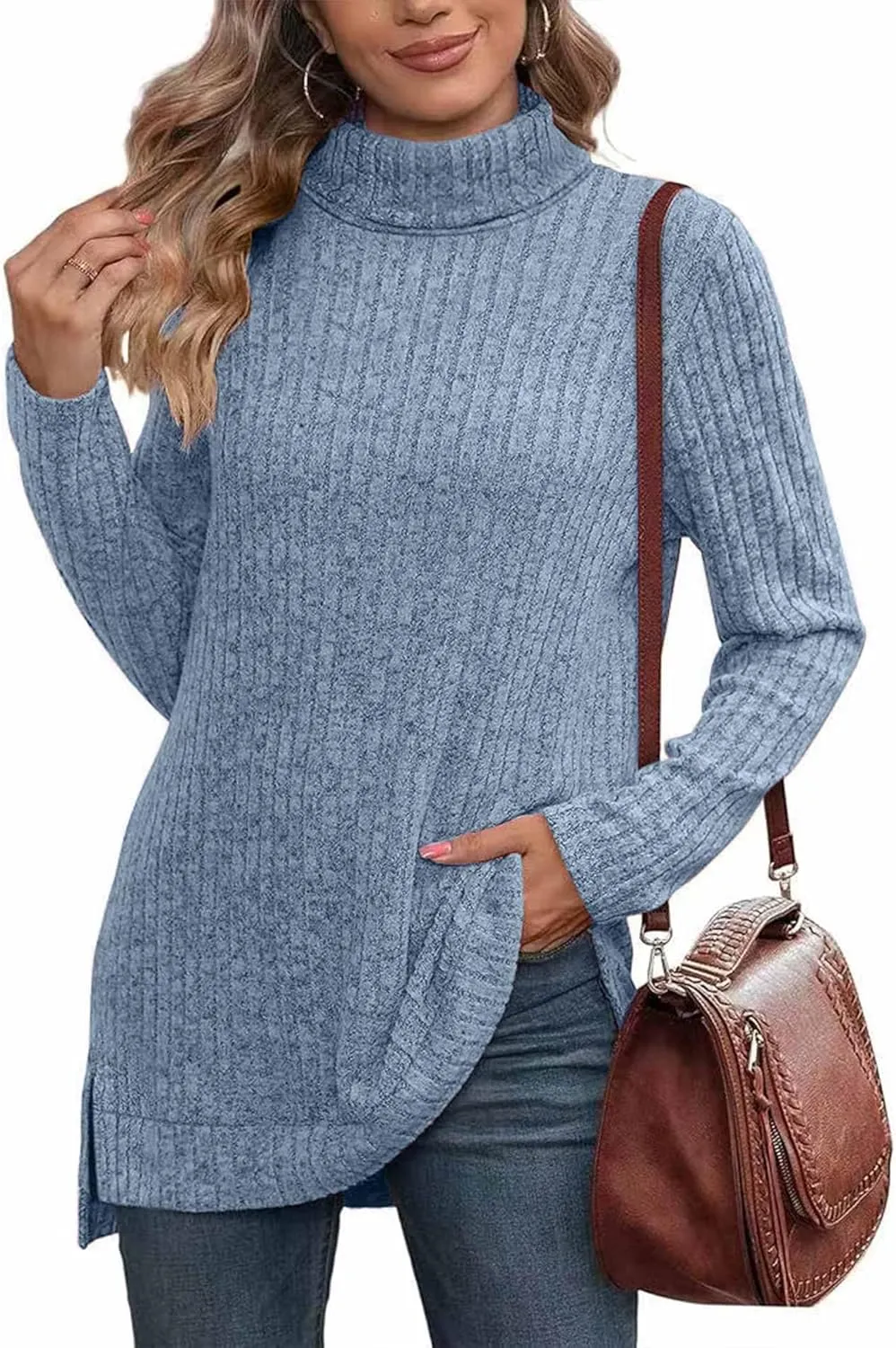 Raboolion Women's High Neck Ribbed Pullover Elegant Oversized Turtleneck Side Split Tunic Tops Sweaters