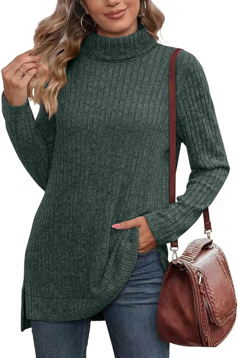 Raboolion Women's High Neck Ribbed Pullover Elegant Oversized Turtleneck Side Split Tunic Tops Sweaters