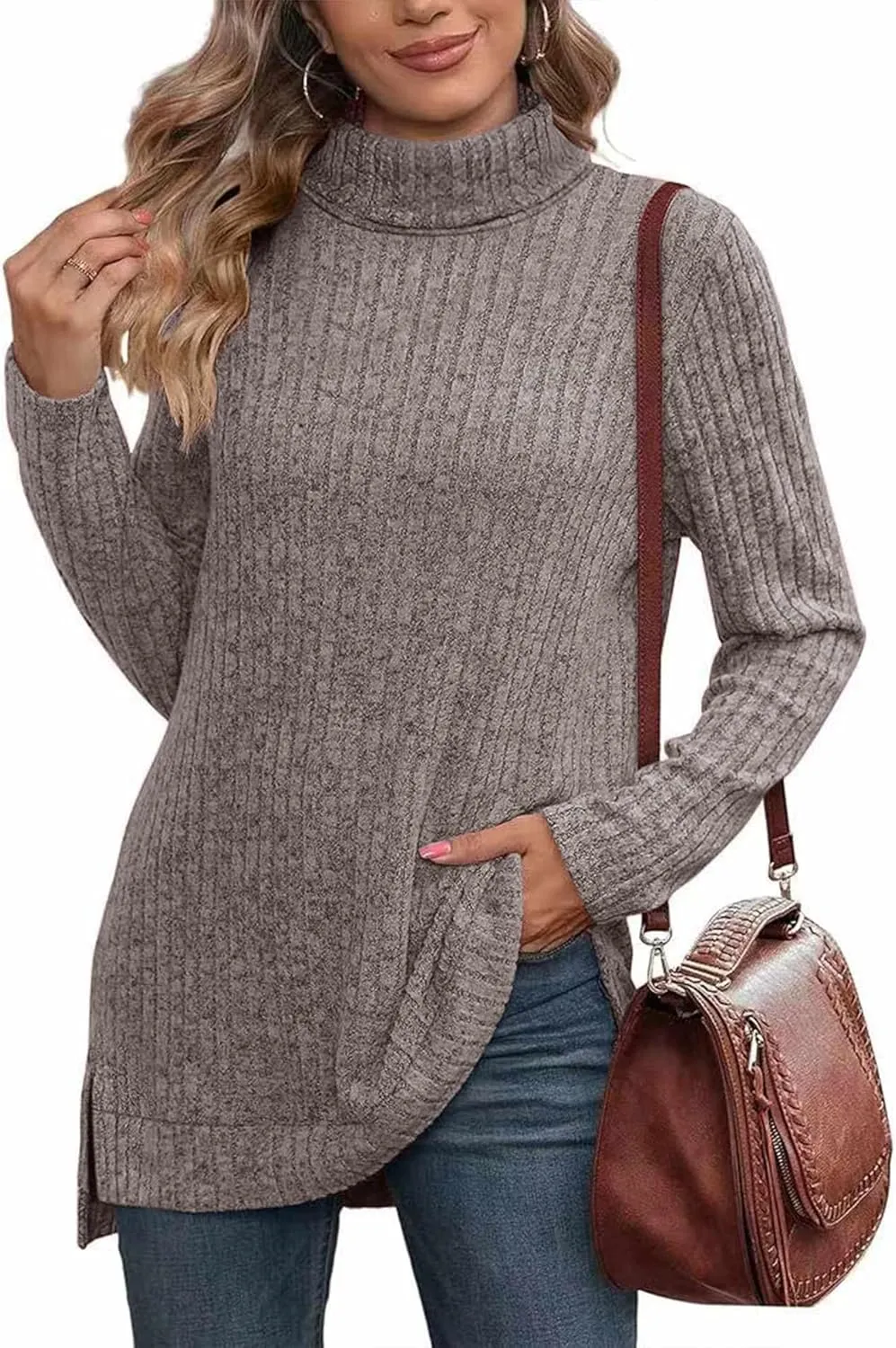 Raboolion Women's High Neck Ribbed Pullover Elegant Oversized Turtleneck Side Split Tunic Tops Sweaters