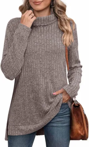 Raboolion Women's High Neck Ribbed Pullover Elegant Oversized Turtleneck Side Split Tunic Tops Sweaters