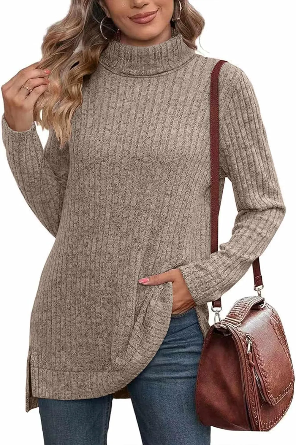 Raboolion Women's High Neck Ribbed Pullover Elegant Oversized Turtleneck Side Split Tunic Tops Sweaters