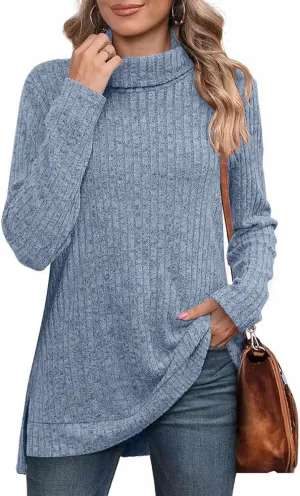 Raboolion Women's High Neck Ribbed Pullover Elegant Oversized Turtleneck Side Split Tunic Tops Sweaters
