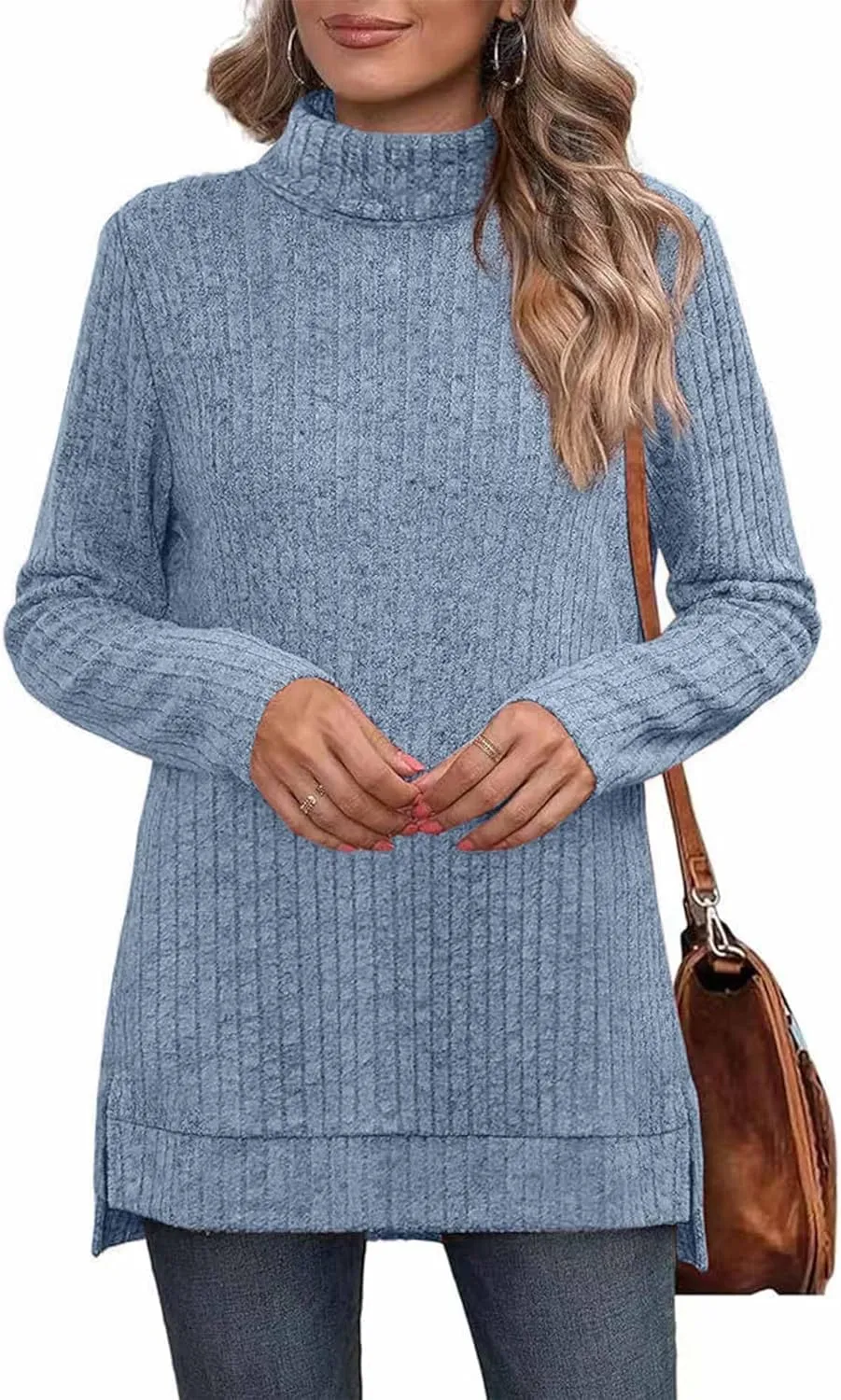Raboolion Women's High Neck Ribbed Pullover Elegant Oversized Turtleneck Side Split Tunic Tops Sweaters