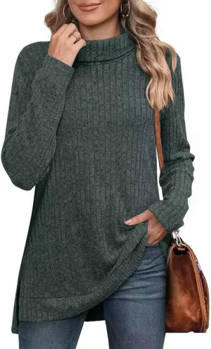 Raboolion Women's High Neck Ribbed Pullover Elegant Oversized Turtleneck Side Split Tunic Tops Sweaters