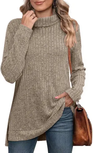 Raboolion Women's High Neck Ribbed Pullover Elegant Oversized Turtleneck Side Split Tunic Tops Sweaters