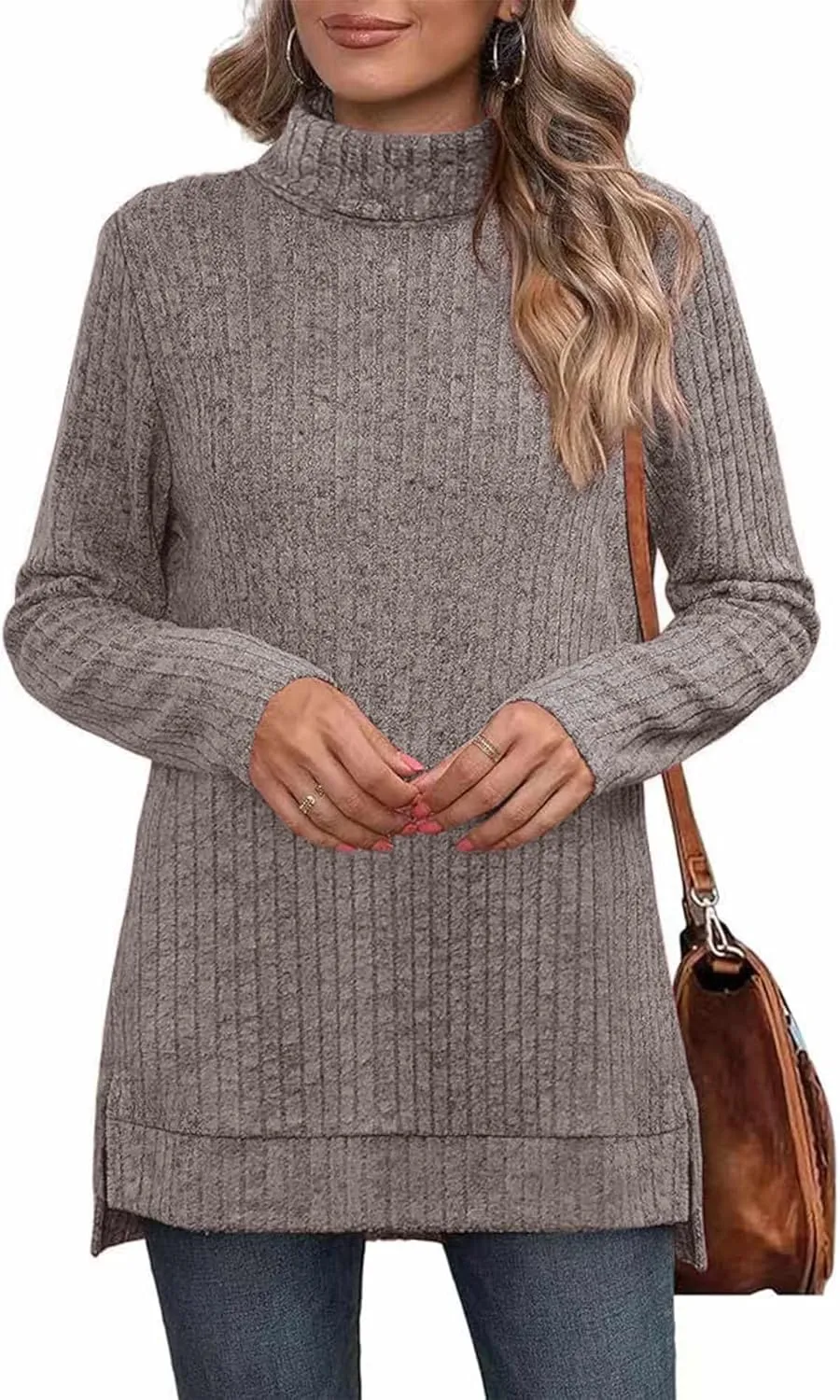 Raboolion Women's High Neck Ribbed Pullover Elegant Oversized Turtleneck Side Split Tunic Tops Sweaters