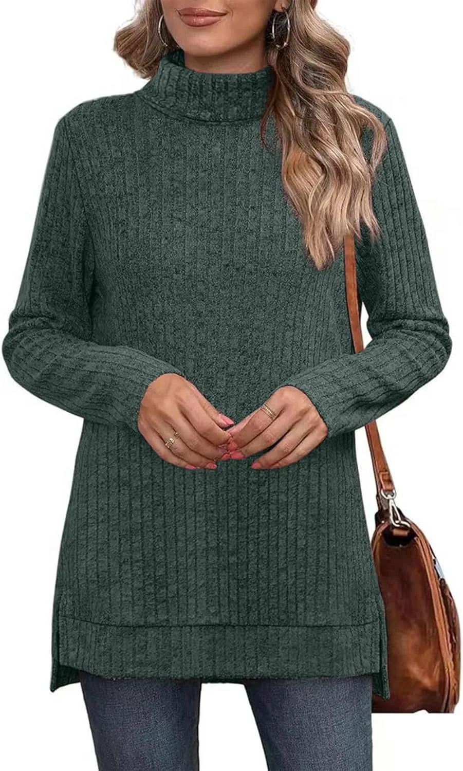 Raboolion Women's High Neck Ribbed Pullover Elegant Oversized Turtleneck Side Split Tunic Tops Sweaters