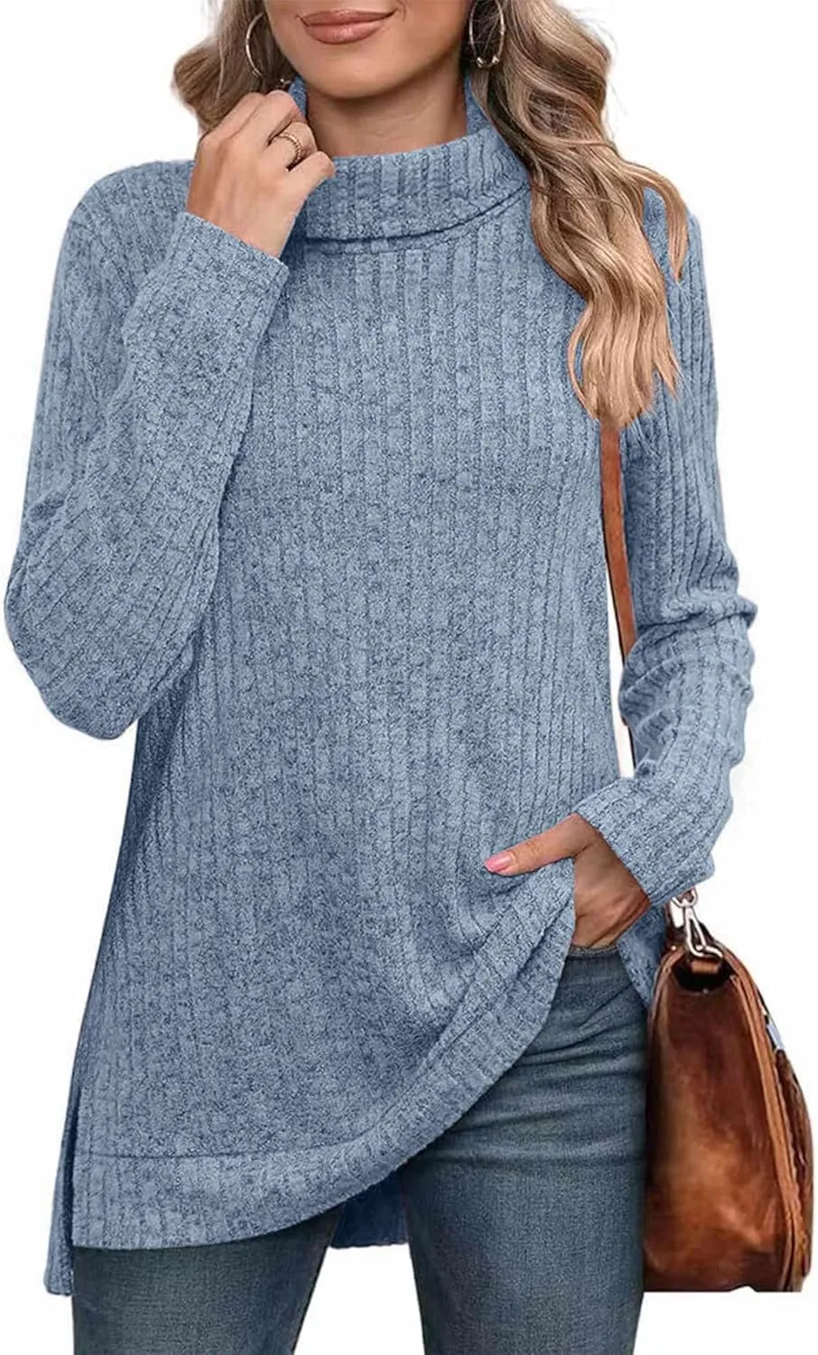 Raboolion Women's High Neck Ribbed Pullover Elegant Oversized Turtleneck Side Split Tunic Tops Sweaters