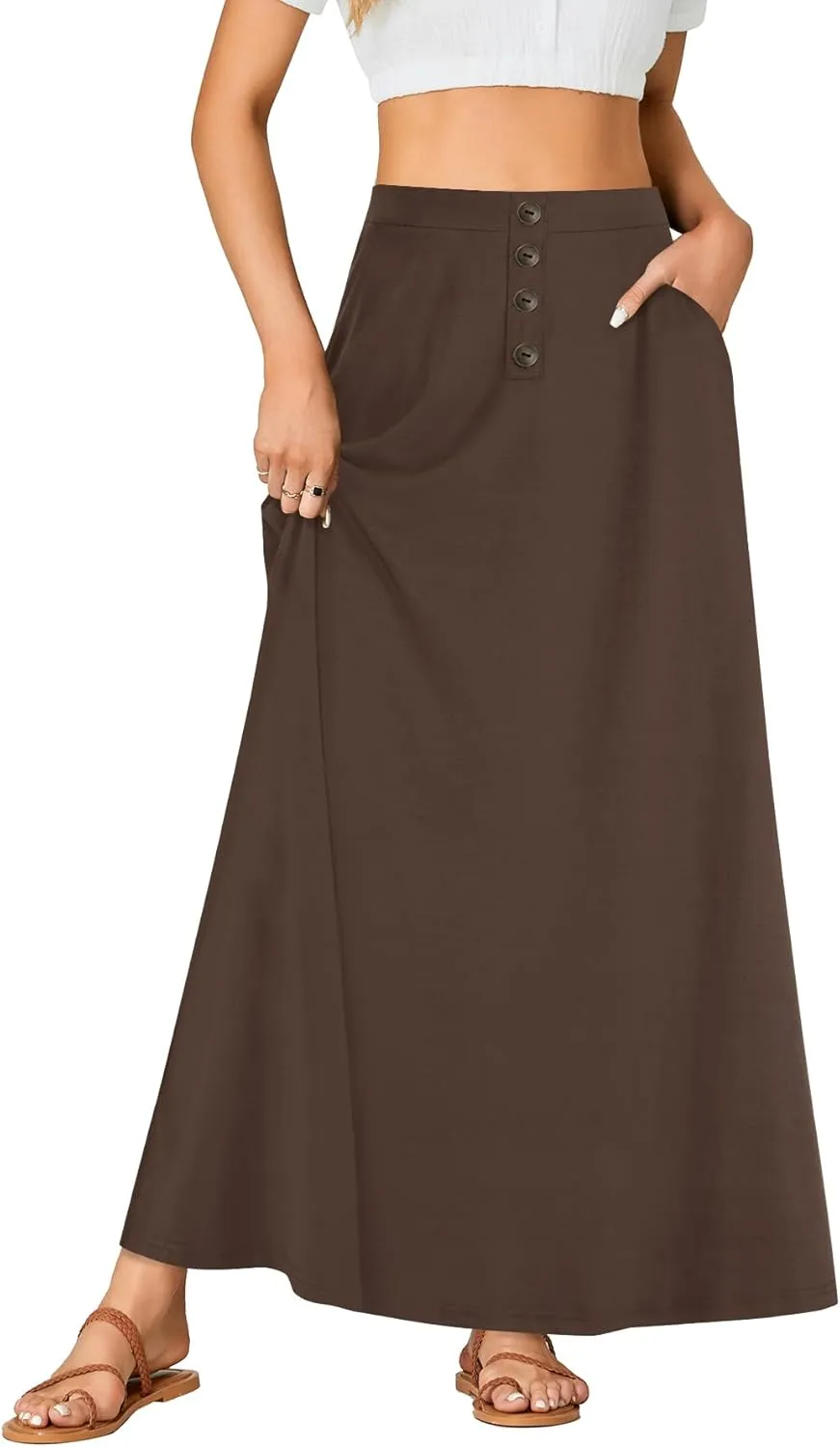 Rooscier Women's High Waist Button Front A-Line Long Maxi Skirt with Pockets