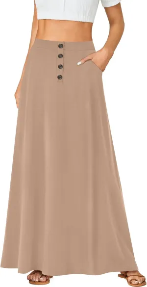 Rooscier Women's High Waist Button Front A-Line Long Maxi Skirt with Pockets