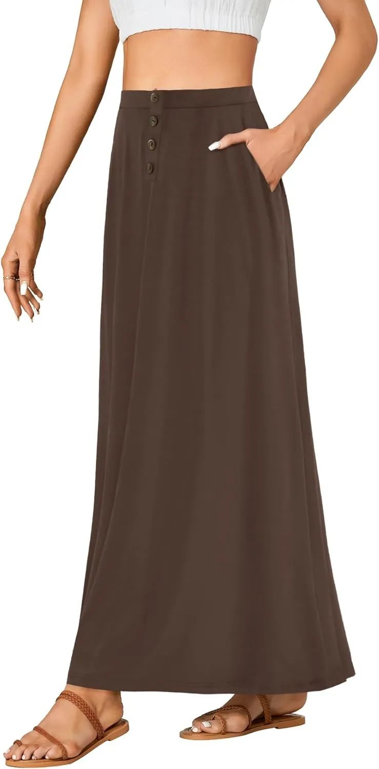 Rooscier Women's High Waist Button Front A-Line Long Maxi Skirt with Pockets