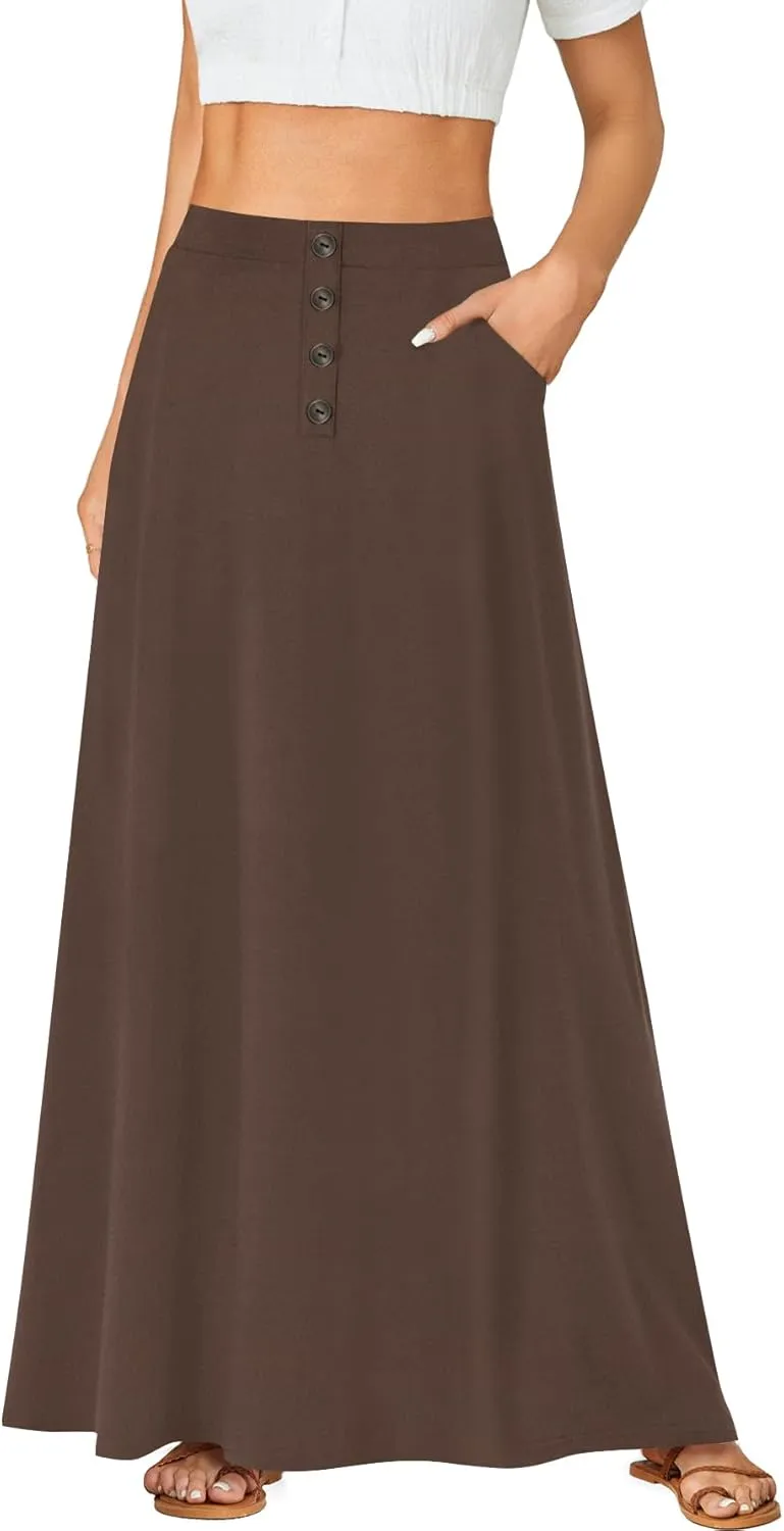 Rooscier Women's High Waist Button Front A-Line Long Maxi Skirt with Pockets