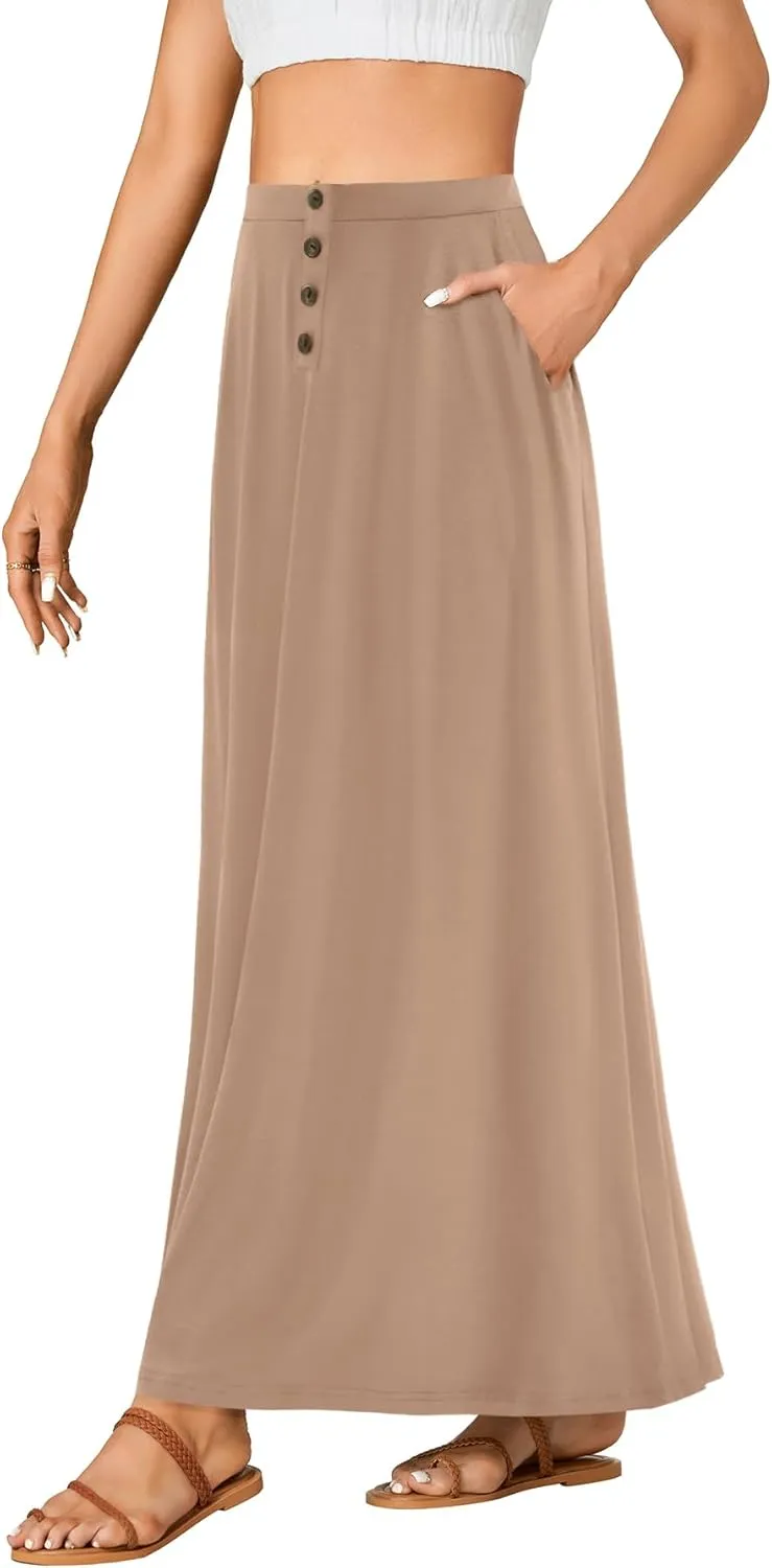 Rooscier Women's High Waist Button Front A-Line Long Maxi Skirt with Pockets